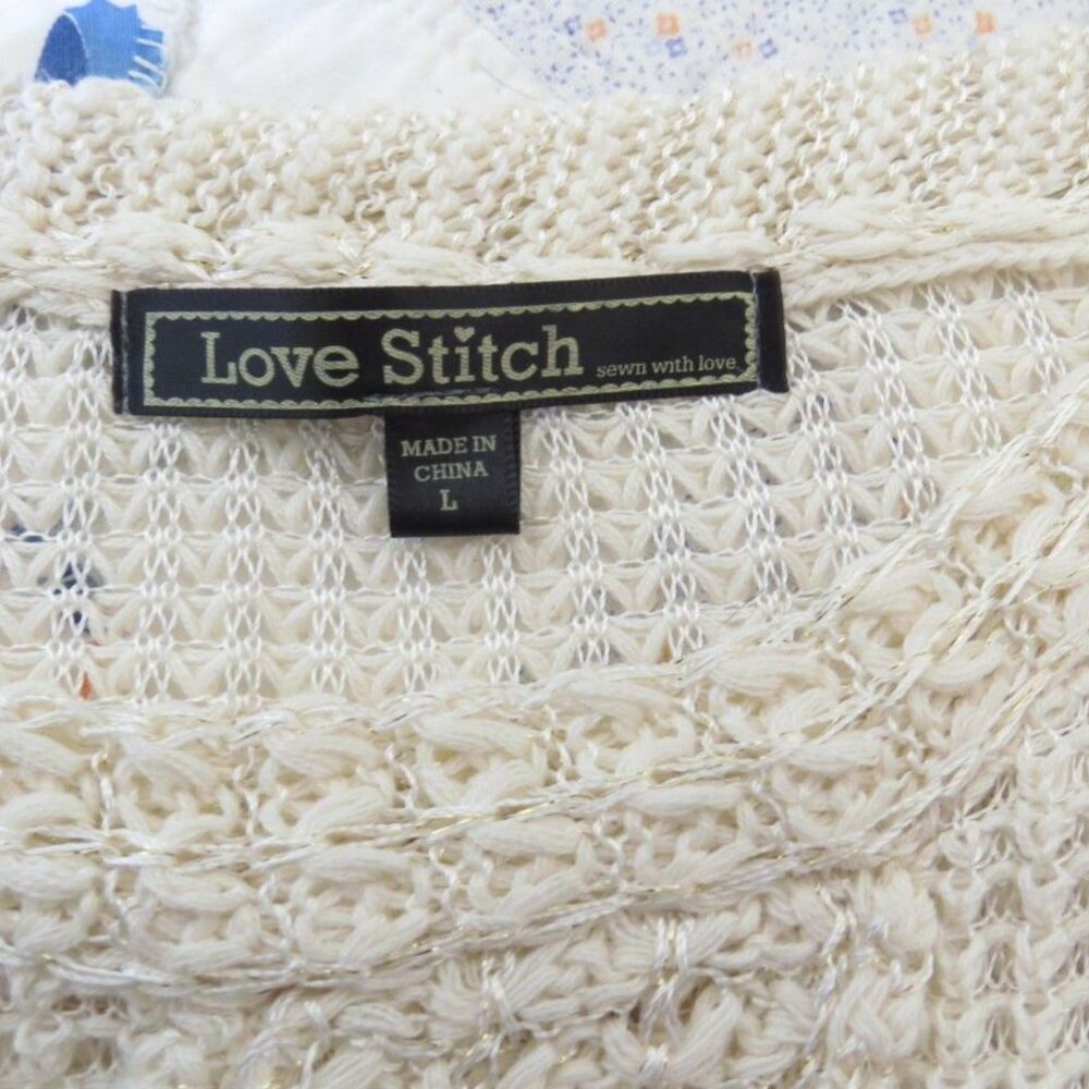 Love Stitch women's Patchwork Open Knot Sweater Boho Slouchy Cream L EUC - Picture 10 of 12
